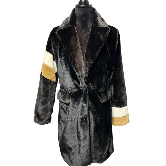 Faux Fur Coat Collared Button Close Women's Medium Black/Camel/Ivory MobWife NEW - Picture 1 of 9
